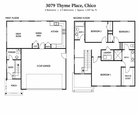 Floor plan for 3 beds, 2.5 baths, 1547 sqft